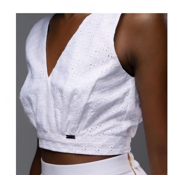MOJ Tops - Moj Swimwear Santorini White Eyelet V-Neck Tie Back Crop Top Medium Resort Wear